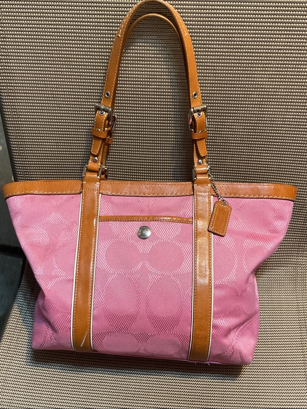 Pink Canvas Tote with Tan Leather Trim - Designer Style